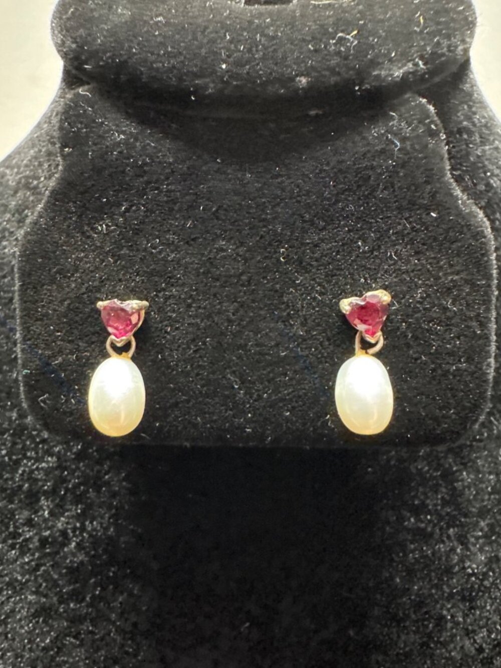 Sterling Heart & Pearl Drop Earrings With Ruby Accents For Elegant Style